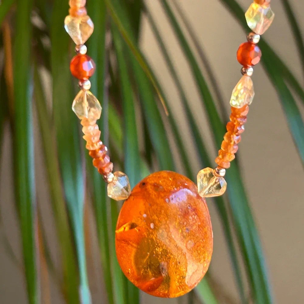 Artisan Amber Hessonite Garnet Carnelian Citrine Gold Filled Necklace